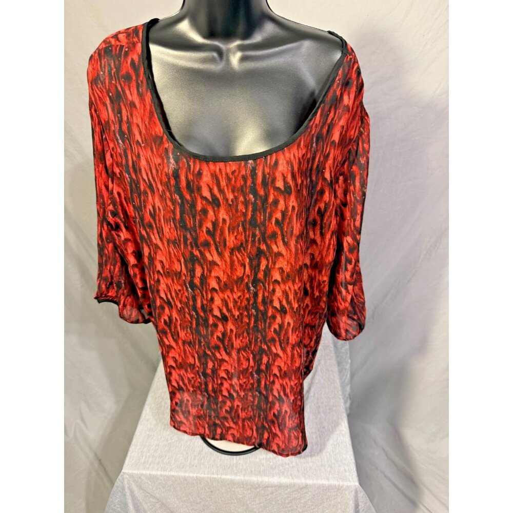 Ashley Stewart Women’s XL 12 Sheer Tunic Red Animal Print Bold Statement Shirt